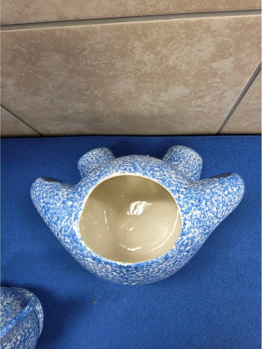 Vintage 1970s N.S. Gustin Blue Spongeware Teddy Bear Cookie Jar Hand Decorated